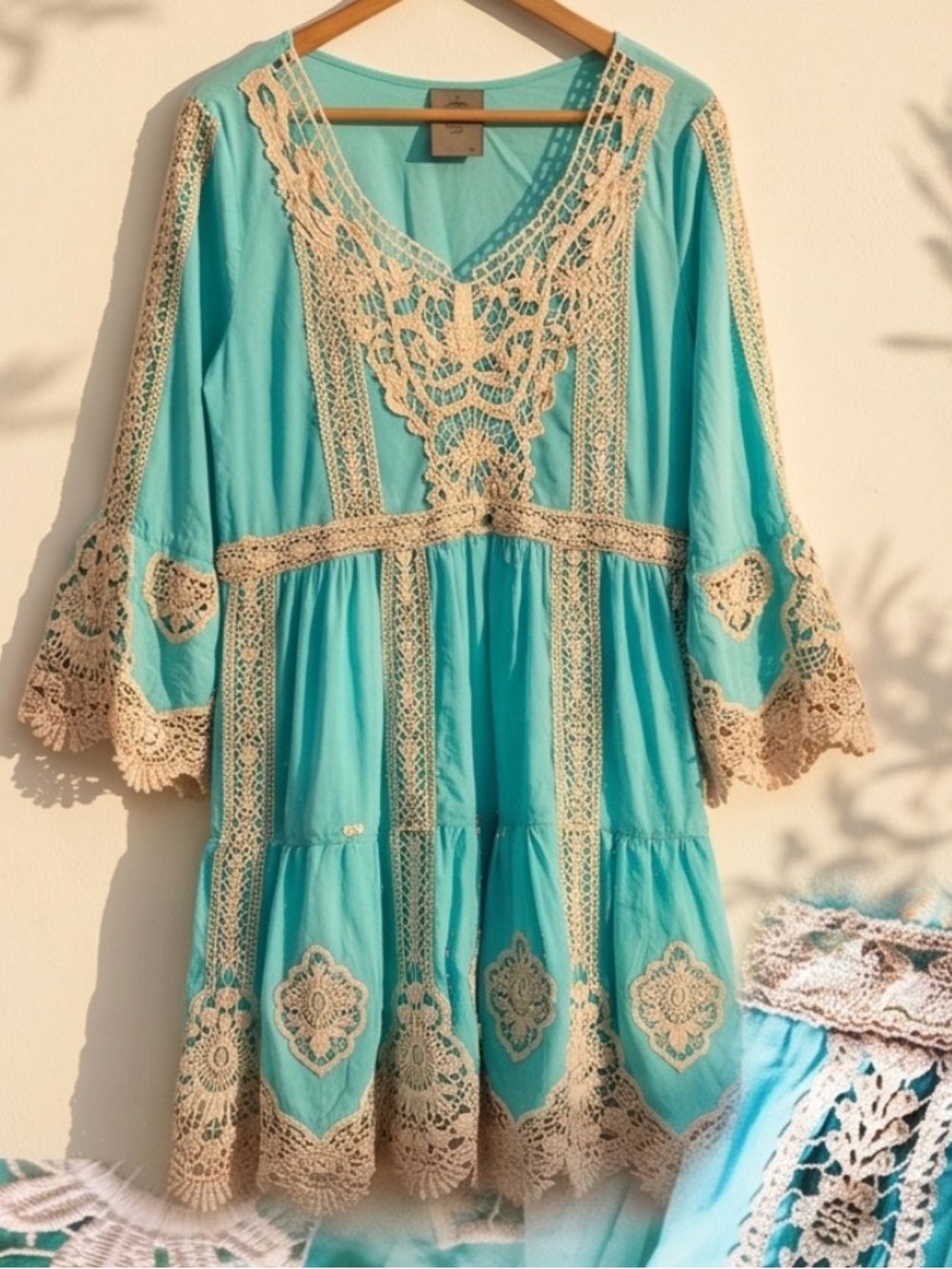 Turquoise Lace-Trim Midi Dress - Women